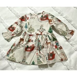 Baby Girls Christmas Xmas Party Santas Sleigh Reindeer Printed Dress 9-12 Months